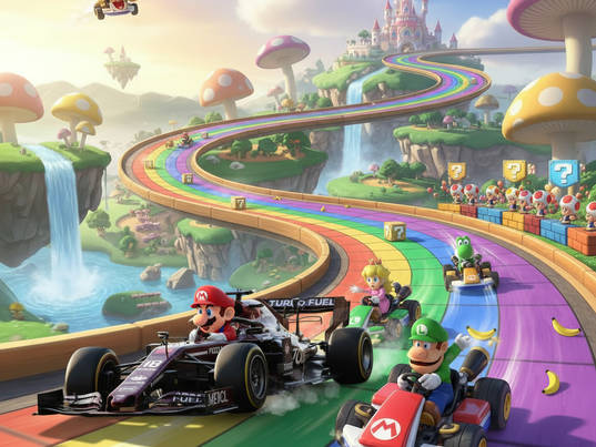 Rennwagen auf farbenfroher Strecke – Kreativer Mix aus Motorsport und Fantasie